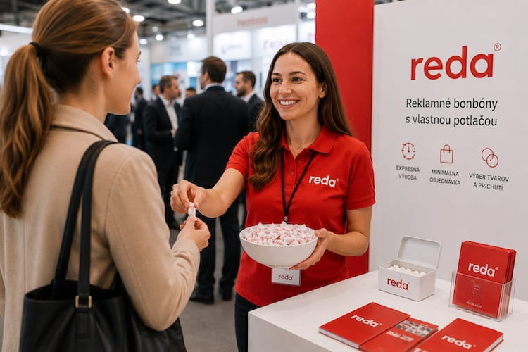 Reklamné cukríky s vlastnou potlačou na veľtržnom stánku Reda