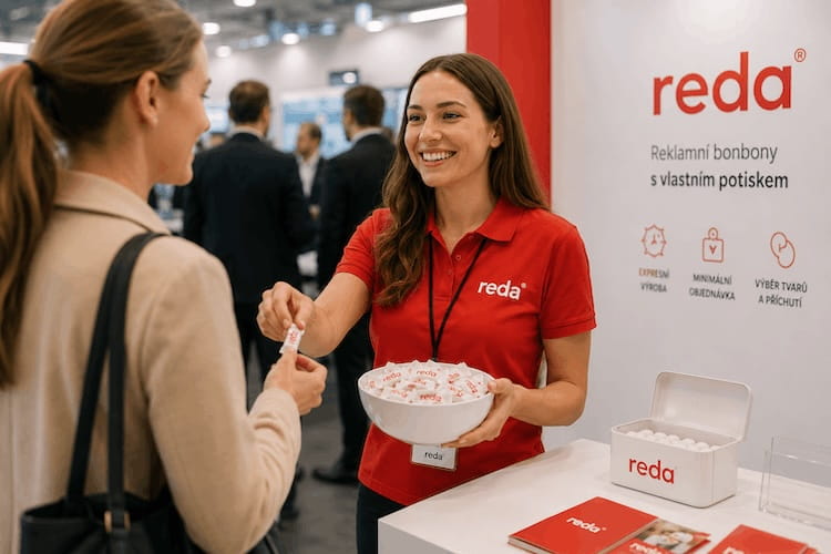 Reklamní bonbony s vlastním potiskem na veletržním stánku Reda