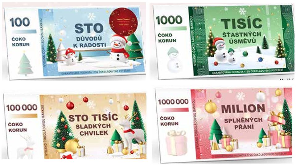 Vánoční čokolády ve tvaru čokoládových bankovek